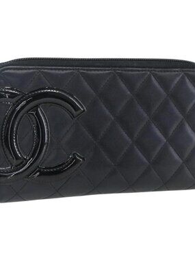 CHANEL Cambon Line Wallet Leather Black Silver CC Auth 166835